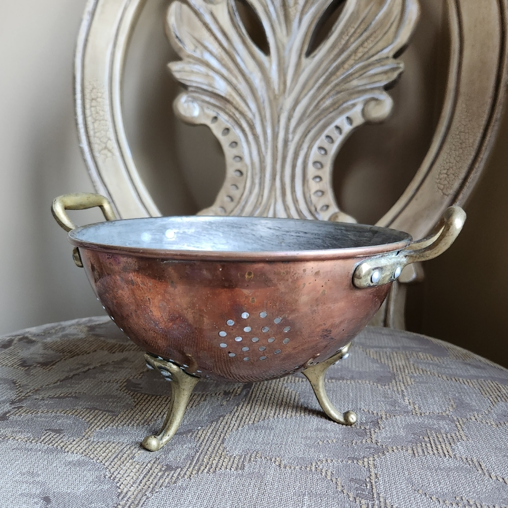 Antique copper colander with Brass Feet & Handles